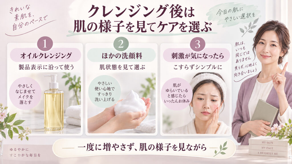ソフティモ クレンジングオイルと他の洗顔料を併用するときの確認。製品表示、肌状態、刺激がある場合の3つの注意点