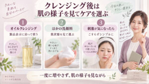 ソフティモ クレンジングオイルと他の洗顔料を併用するときの確認。製品表示、肌状態、刺激がある場合の3つの注意点