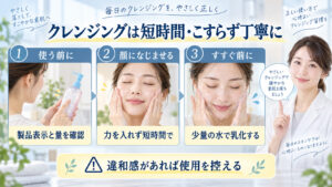 ソフティモ スピーディクレンジングオイル使用時の注意。製品表示と量を確認し、こすらず短時間で使い、少量の水で乳化する
