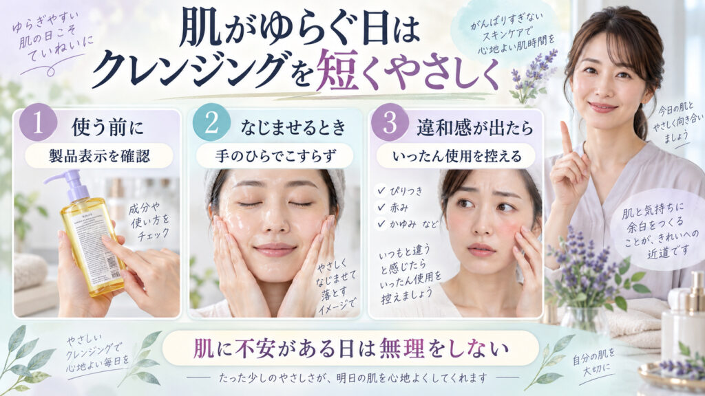 ソフティモ スピーディ クレンジングオイルの敏感肌向け注意。製品表示を確認し、手のひらでこすらず使い、違和感があれば使用を控える