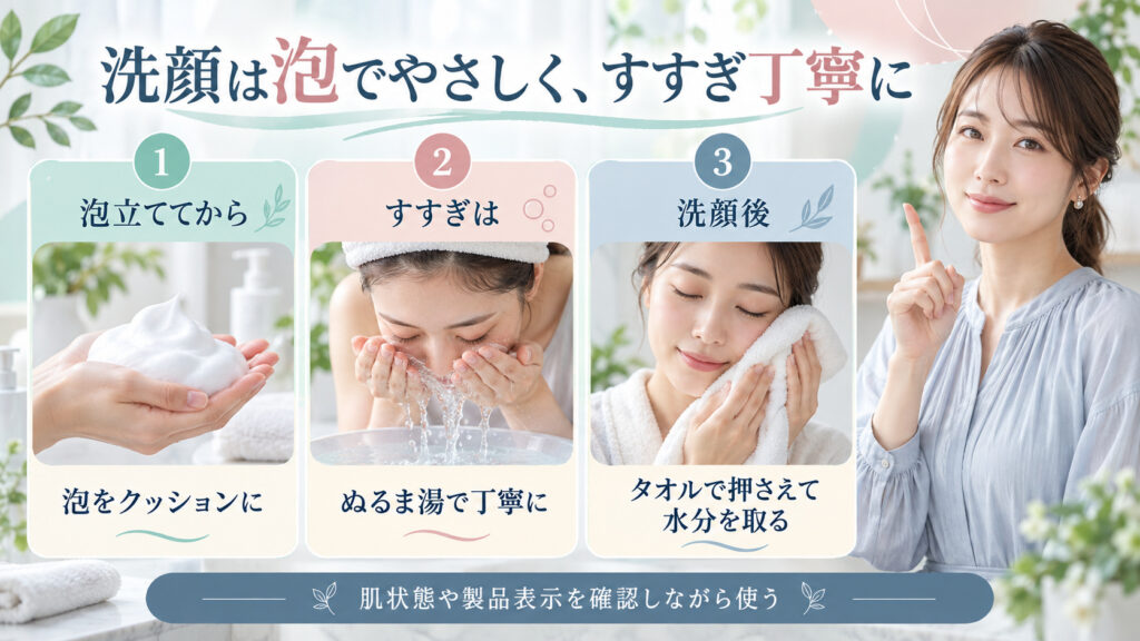 ダヴ パールシャイン洗顔料の注意点。泡立てて泡で洗い、ぬるま湯ですすいで、清潔なタオルで押さえて水分を取る