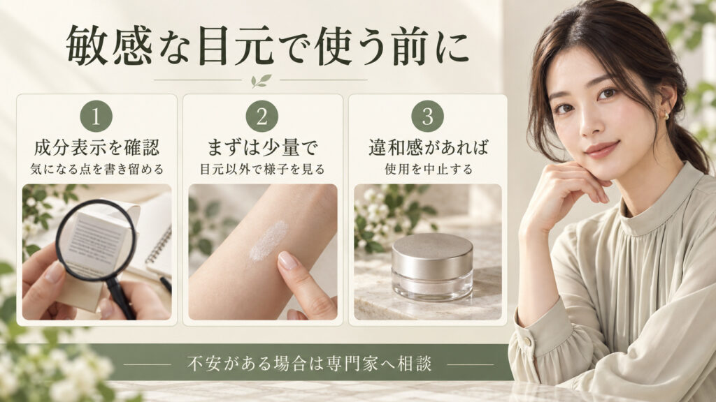 敏感な目元で使う前に成分表示を確認し、目元以外で少量を試し、違和感があれば使用を中止する