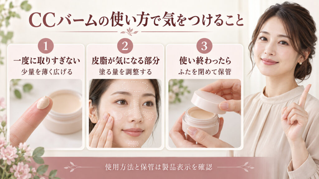 24h ミネラルCCバームの注意点。一度に取りすぎず塗布量を調整し、使用後は容器のふたを閉めて保管する