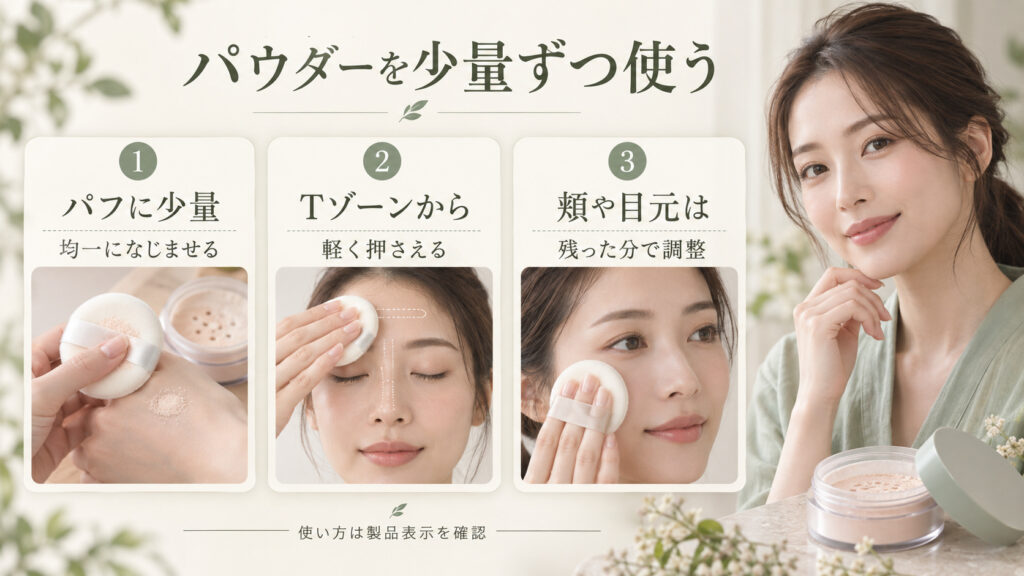 24h ミネラルオイルコントロールパウダーの使い方。パフに少量を取りTゾーンから軽く押さえ、頬や目元は残りで調整する