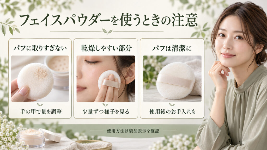 24h ミネラルオイルコントロールパウダーの注意点。パフに取りすぎず、乾燥しやすい部分は少量で様子を見て、パフは清潔に保つ