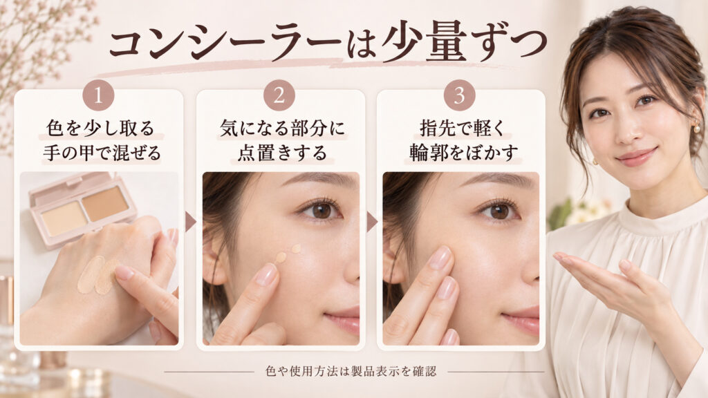 24h ミネラルUVコンシーラーの使い方。2色を少し手の甲で混ぜ、気になる部分に点置きして指先で輪郭をぼかす