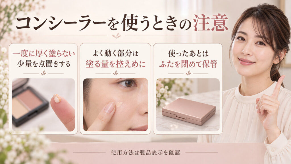 24h ミネラルUVコンシーラーの注意点。一度に厚く塗らず少量を点置きし、よく動く部分は塗る量を控えめにする