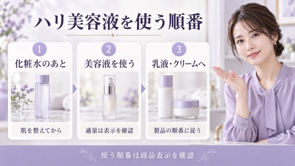 ソフィーナのハリ美容液は化粧水の後に使い、その後に重ねる乳液やクリームの順番は商品表示を確認する