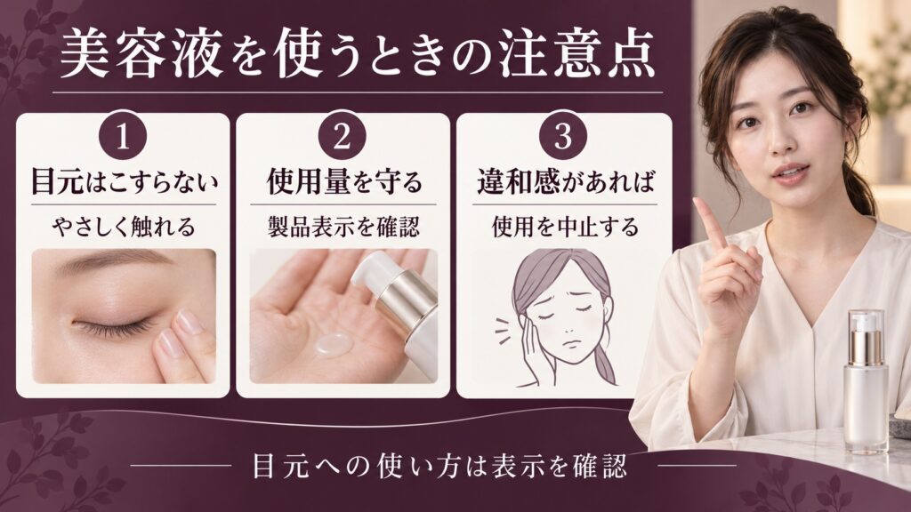 ソフィーナ美容液を目元に使うときはこすらず、使用量を製品表示で確認し、違和感があれば使用を中止する