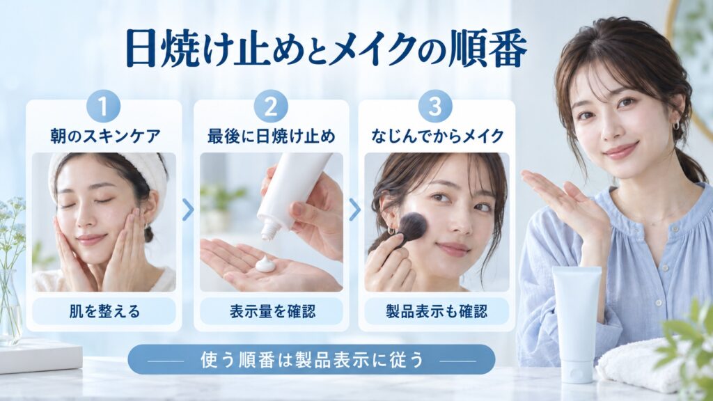 朝のスキンケア後にTOCOBOサンクリームを使い、なじんでからメイクする順番の目安。商品表示も確認する