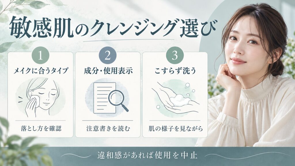 クレンジングはメイクに合うタイプや製品表示を確認し、肌の様子を見ながらこすらず洗う