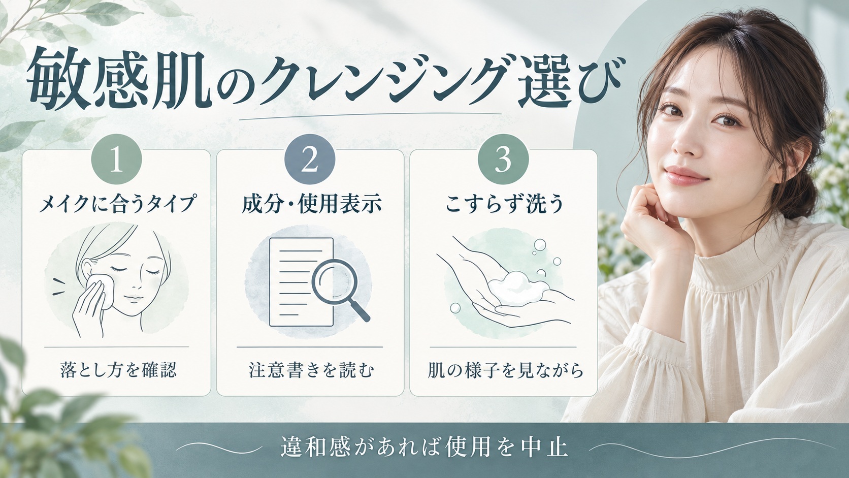 クレンジングはメイクに合うタイプや製品表示を確認し、肌の様子を見ながらこすらず洗う