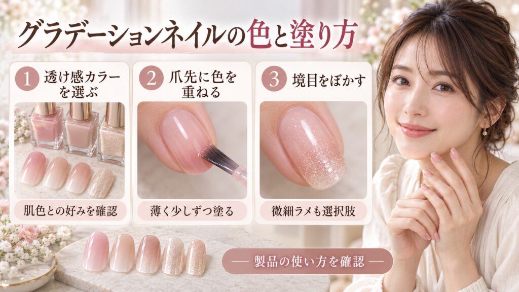 透け感のある色を爪先に薄く重ね、境目をぼかしてグラデーションネイルを作る