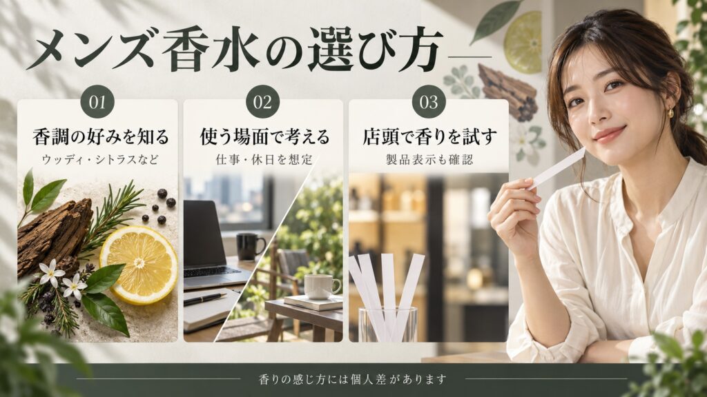 男性向け香水は香調の好みや使用場面を考え、店頭で香りと製品表示を確認する