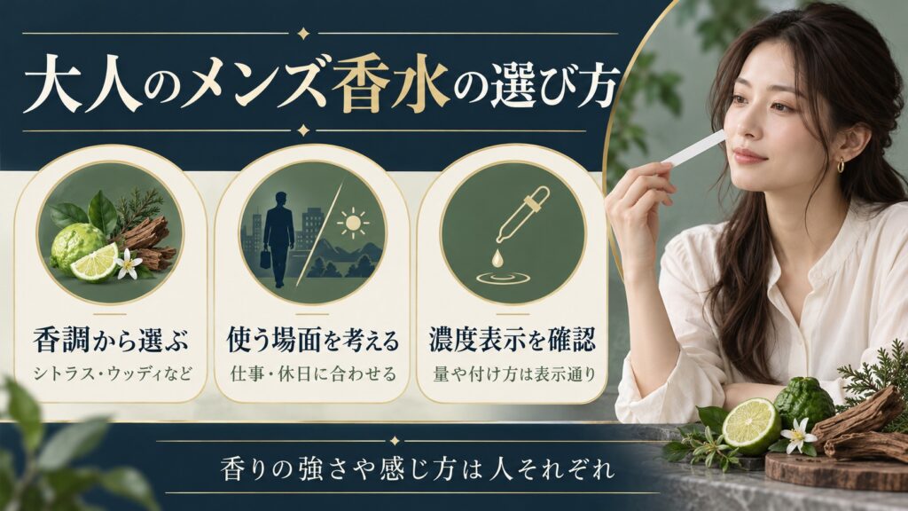男性向け香水は香調や使用場面から選び、濃度や使い方を製品表示で確認する