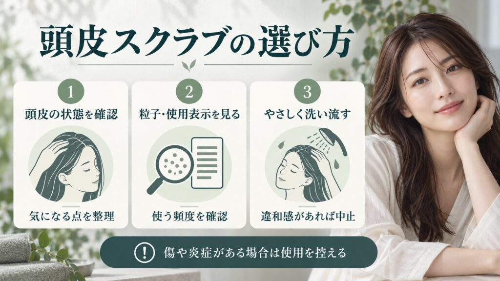 頭皮の状態やスクラブの粒子・使用表示を確認し、違和感があれば使用を中止する