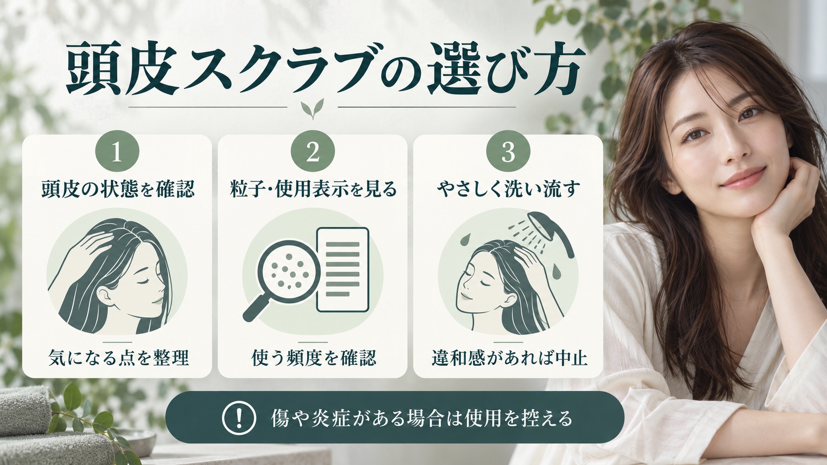 頭皮の状態やスクラブの粒子・使用表示を確認し、違和感があれば使用を中止する