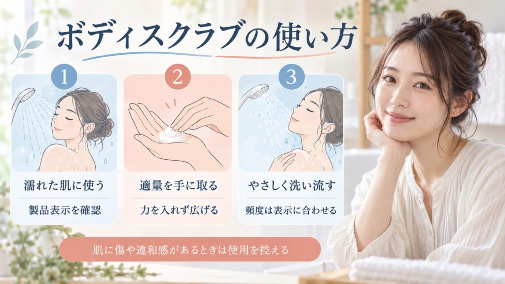 濡れた肌に製品表示の適量を取り、力を入れず広げてやさしく洗い流す。頻度は表示で確認する