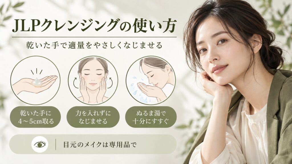 乾いた手にJLPバランスコントロールクレンジングを4〜5cm取り、力を入れずになじませてぬるま湯ですすぐ手順を示すボード