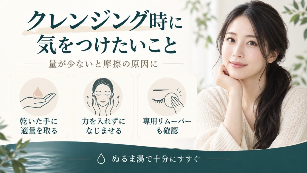 クレンジングは乾いた手に適量を取り力を入れずになじませ、専用リムーバーの要否を確認してぬるま湯ですすぐ注意点を示すボード