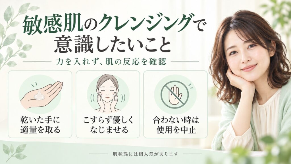 敏感肌の人がクレンジングを使うとき、乾いた手に適量を取りこすらず優しくなじませ、合わない時は中止するポイントを示したボード