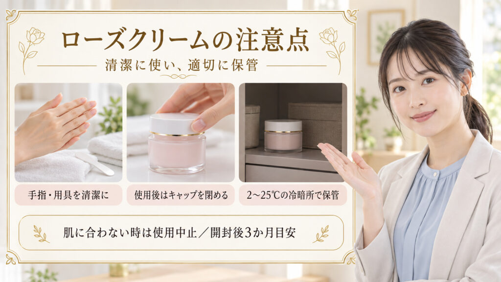 ローズクリームを清潔に扱い、使用後はキャップを閉めて冷暗所に保管する注意点を示したボード