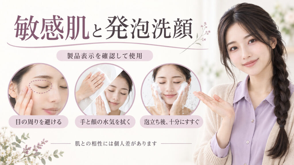 敏感肌と発泡洗顔の使い方を案内する女性アドバイザーの美容ボード