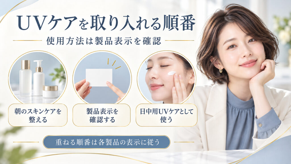 UVケアを取り入れる順番を案内する女性アドバイザーの美容ボード