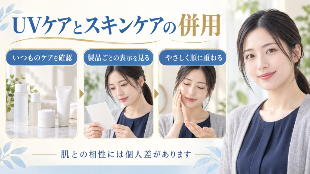 UVケアとスキンケアの併用を案内する女性アドバイザーの美容ボード