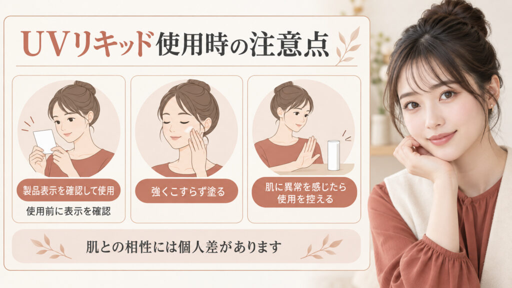 UVリキッド使用時の注意点を案内する女性アドバイザーの美容ボード