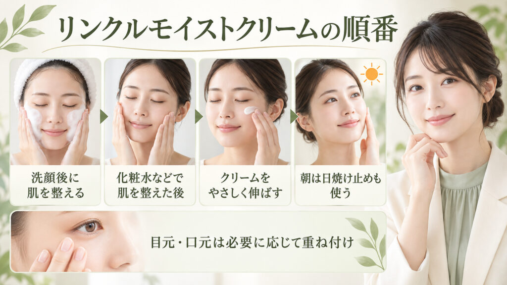 リンクルモイストクリームの順番を案内する女性アドバイザーの美容ボード