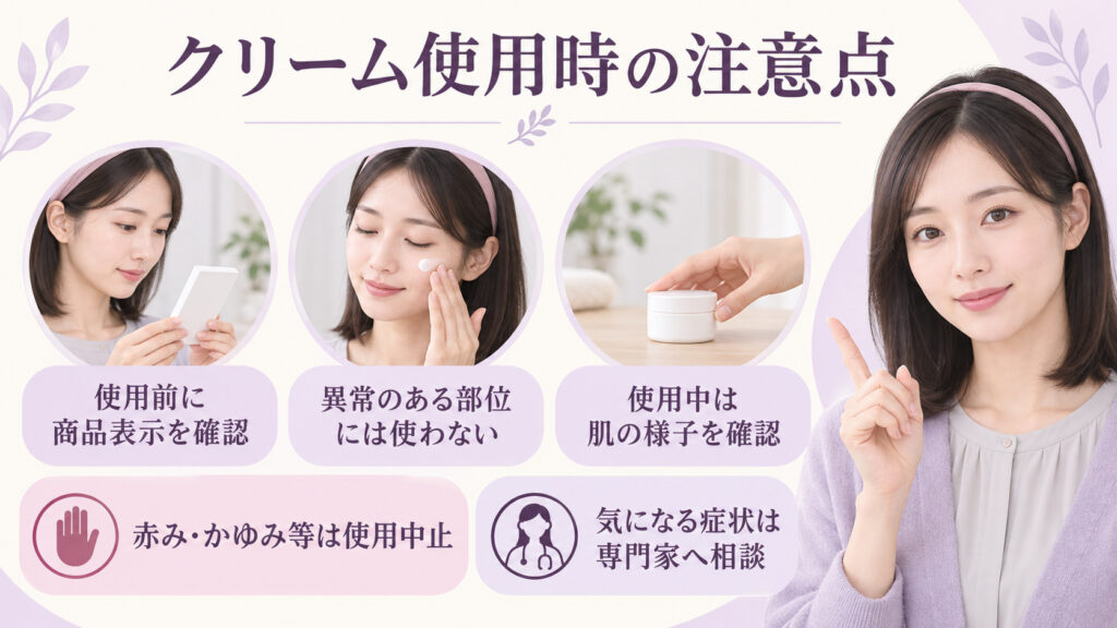 クリーム使用時の注意点を案内する女性アドバイザーの美容ボード