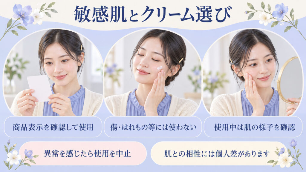 敏感肌とクリーム選びの注意点を案内する女性アドバイザーの美容ボード
