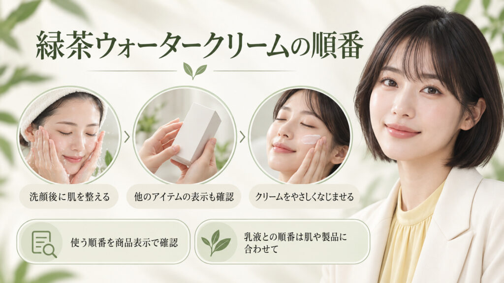緑茶ウォータークリームの順番を案内する女性アドバイザーの美容ボード