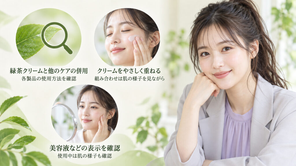緑茶クリームと他のケアの併用を案内する女性アドバイザーの美容ボード