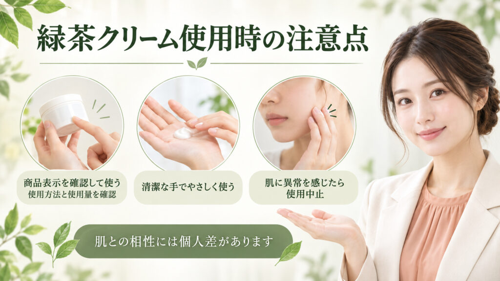 緑茶クリーム使用時の注意点を案内する女性アドバイザーの美容ボード