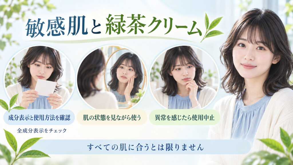 敏感肌と緑茶クリーム選びの注意点を案内する女性アドバイザーの美容ボード