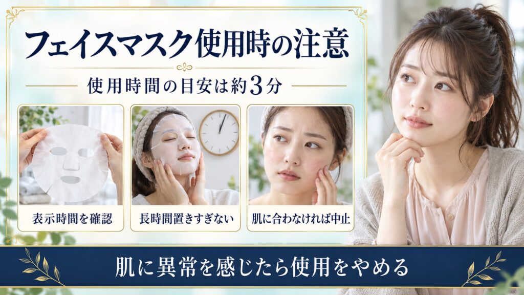 SHIRORUぷるるんフェイスマスク使用時の注意。表示時間は約3分、肌に合わない場合は使用を中止