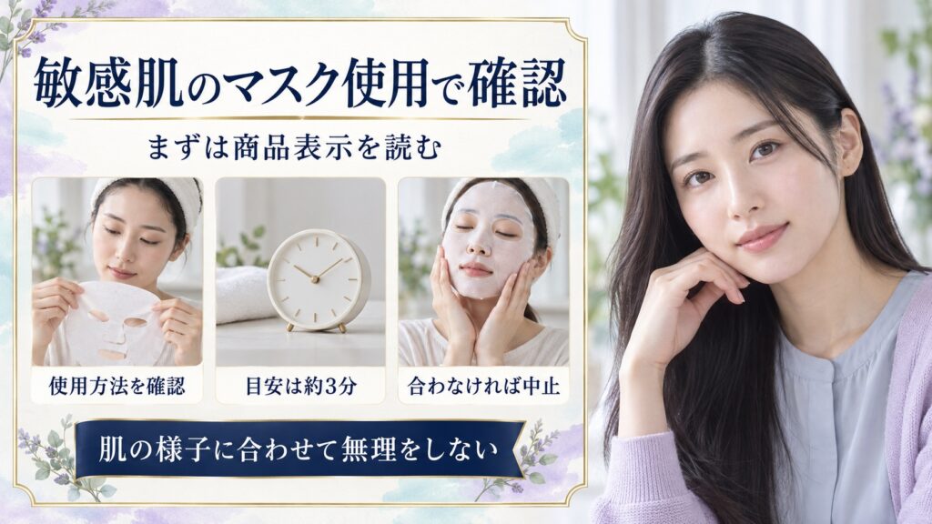 敏感肌のフェイスマスク使用時に商品表示を確認し、使用目安の約3分を守り、肌に合わない場合は中止する注意点