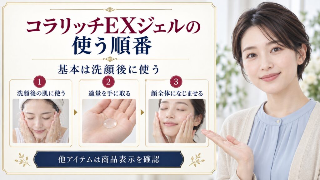 コラリッチEXジェルは基本的に洗顔後に使い、他のアイテムの順番は商品表示を確認