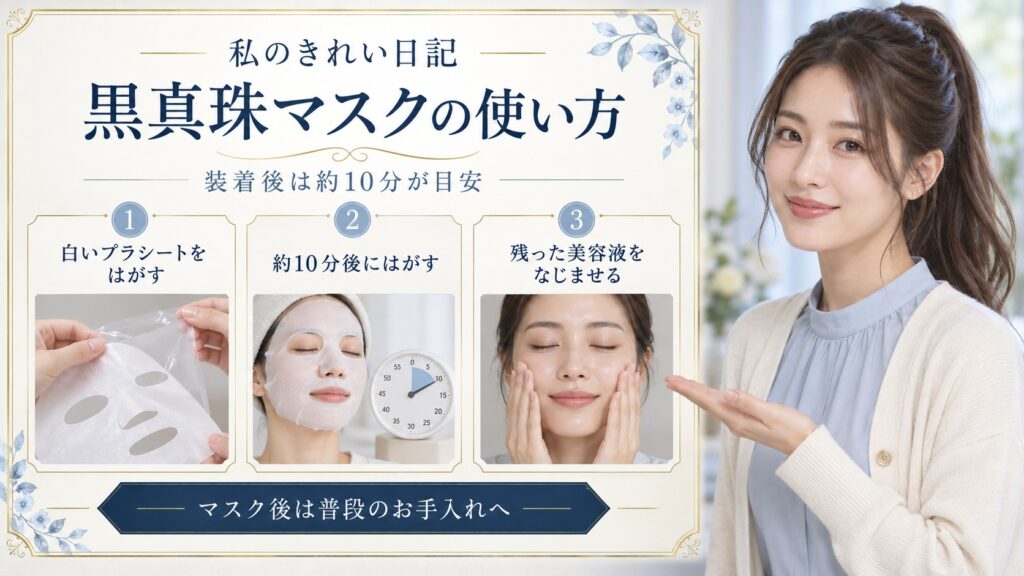 黒真珠マスクは白いプラシートを外し約10分後にはがして残った美容液をなじませる