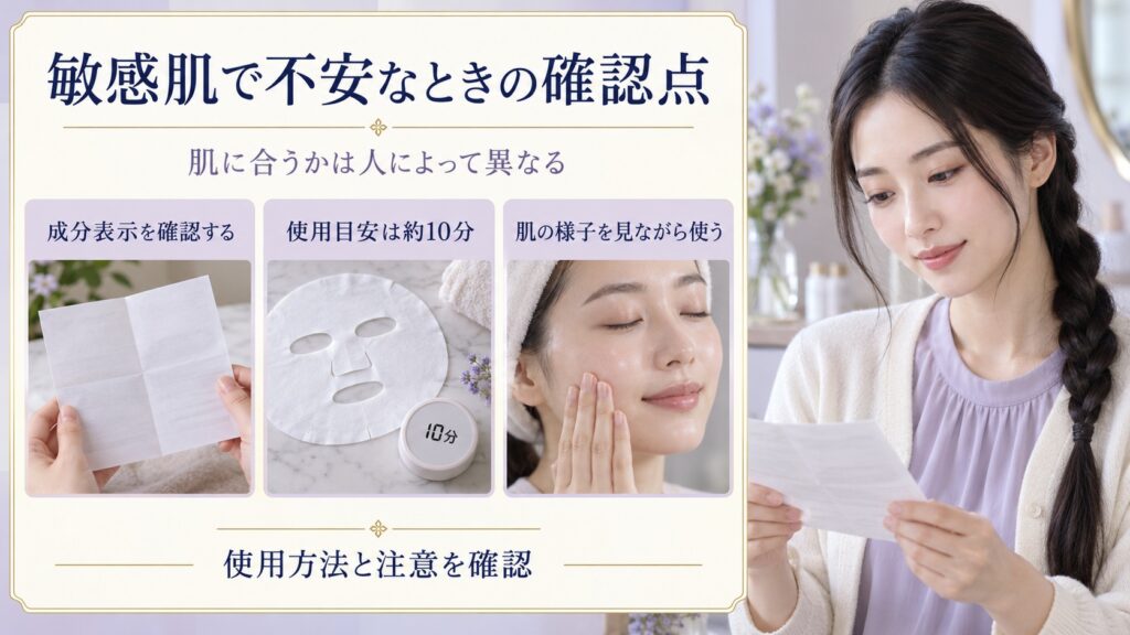 黒真珠マスクは肌に合うか個人差があるため成分表示と使用方法を確認し、使用目安約10分を守る