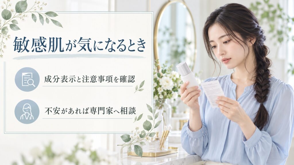 敏感肌が気になる場合は成分表示と注意事項を読み、不安があれば専門家へ相談する案内
