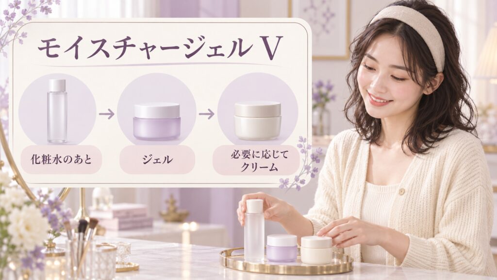 化粧水の後にモイスチャージェルV、必要に応じてクリームを重ねる順番の例
