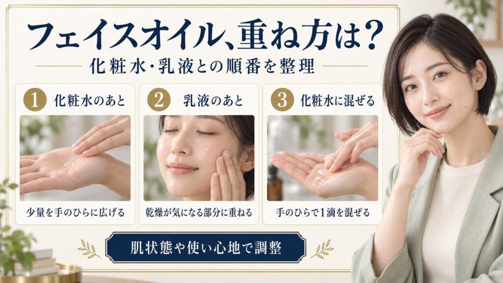 フェイスオイルを化粧水後や乳液後に使う量と順番を、3つの場面で整理した美容解説ボード