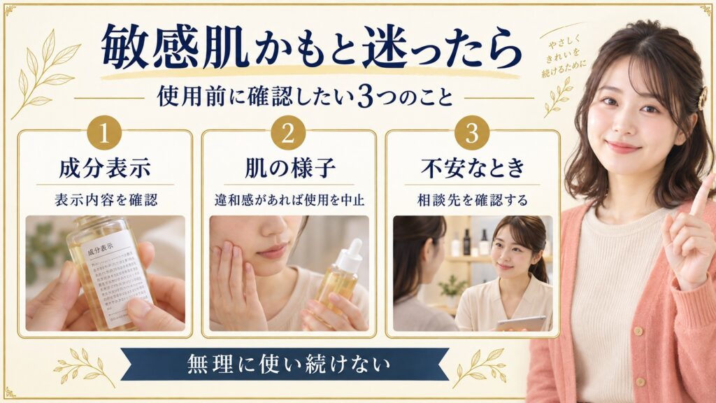 敏感肌が気になるときに成分表示、肌の様子、相談先を確認する美容解説ボード