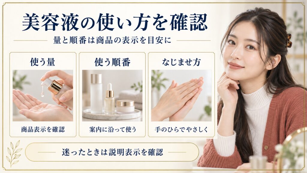 美容液の量と順番を商品の表示で確認し、手のひらでやさしくなじませる解説ボード