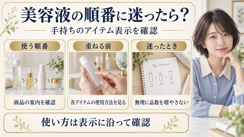 美容液を重ねる順番に迷ったとき商品の案内や各アイテムの使用方法を確認するボード