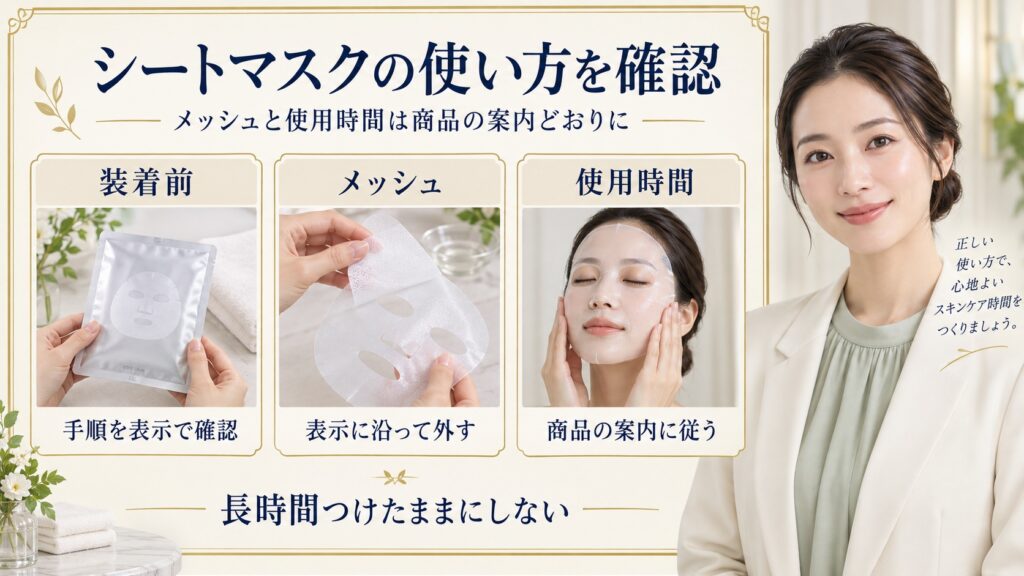 シートマスクの装着前、メッシュの外し方、使用時間を商品の表示で確認する解説ボード