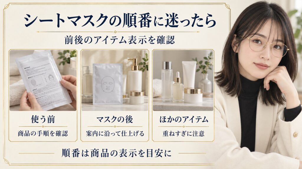 シートマスク前後の使い方と組み合わせるアイテム数を商品の表示で確認するボード
